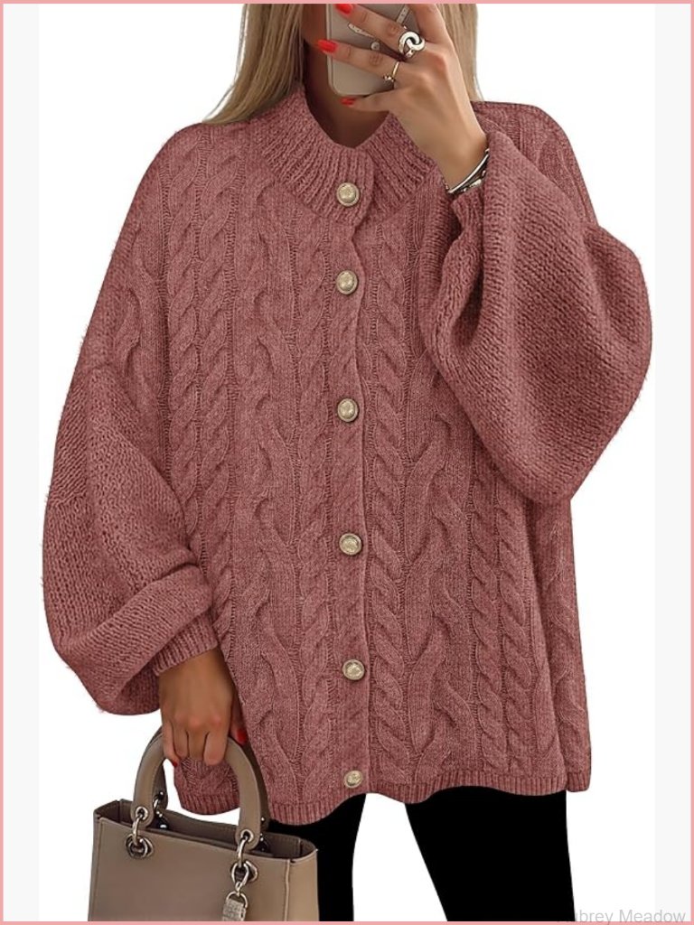 Oversized Long Sleeve Button Down Cardigan Sweater Mock Neck